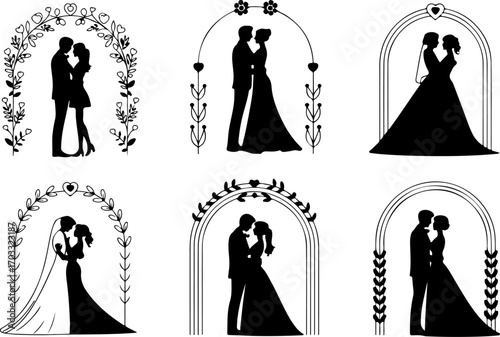 Romantic Wedding Couple Silhouettes with Floral Wreaths