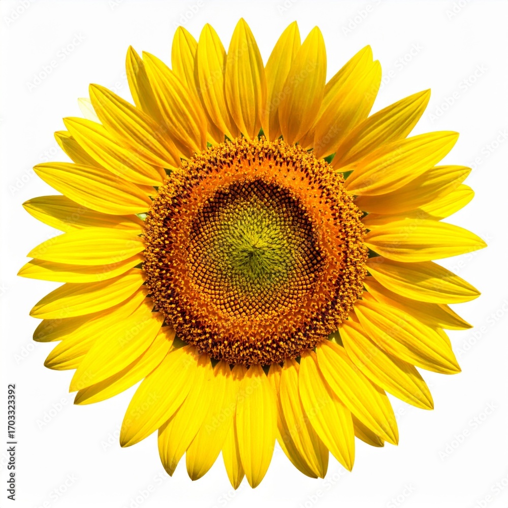 Fototapeta premium Close up of Vibrant Yellow Sunflower with Brown Center and Detailed Petals on White Background