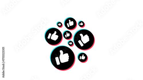 A cluster of social media thumbs up icons with a modern glitch effect on a white background, symbolizing online approval and engagement