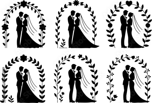 Romantic Wedding Couple Silhouettes with Floral Wreaths
