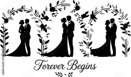Romantic Wedding Couple Silhouettes with Floral Wreaths