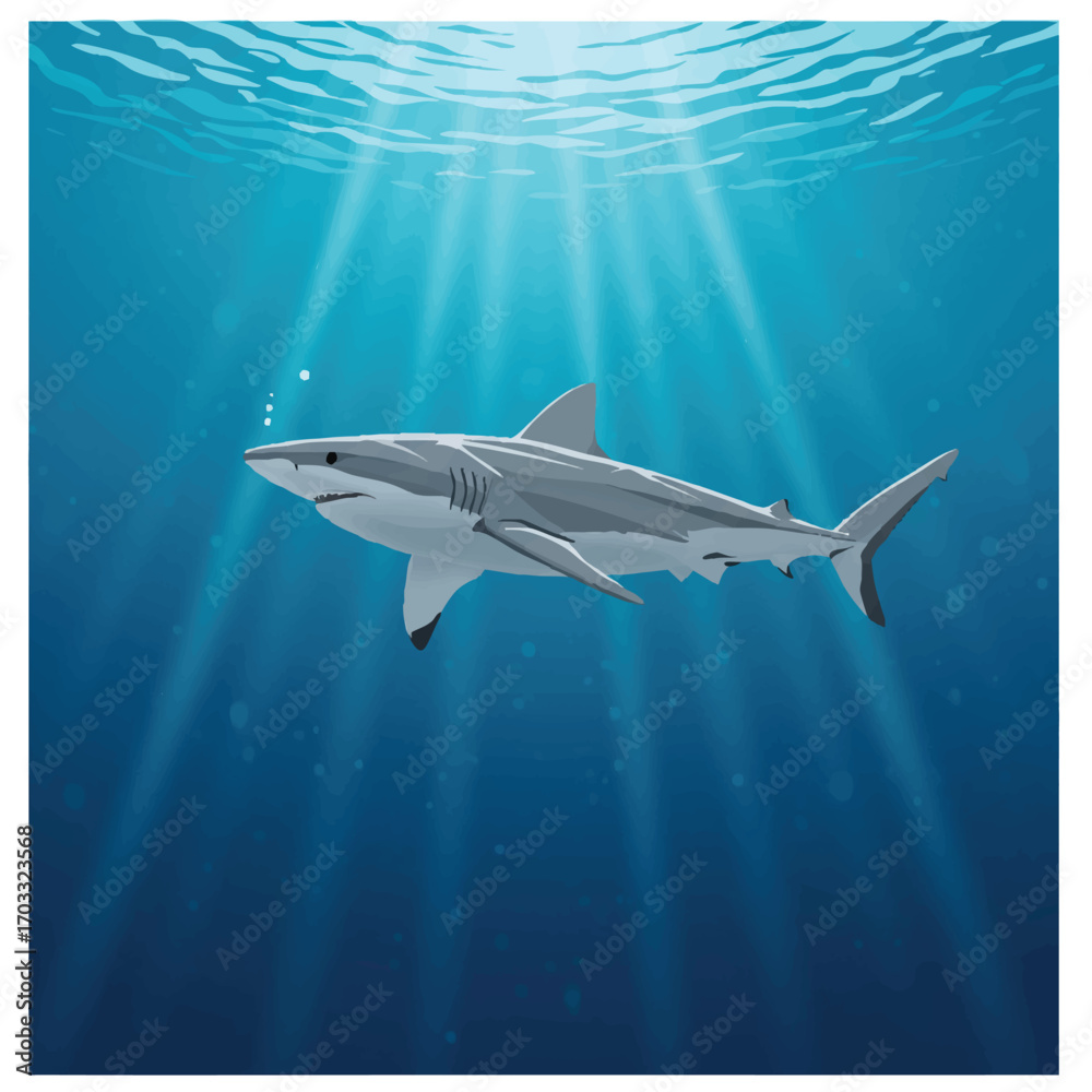 Obraz premium A sleek grey shark gracefully glides through the deep blue open ocean, illuminated by penetrating light rays in this vibrant flat 2D vector illustration.