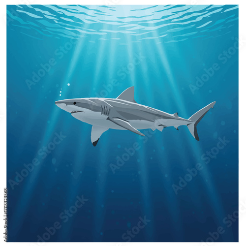 A sleek grey shark gracefully glides through the deep blue open ocean, illuminated by penetrating light rays in this vibrant flat 2D vector illustration.
