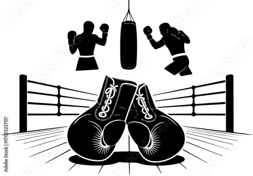 Boxing Equipment and Fighter Silhouette Vector Set