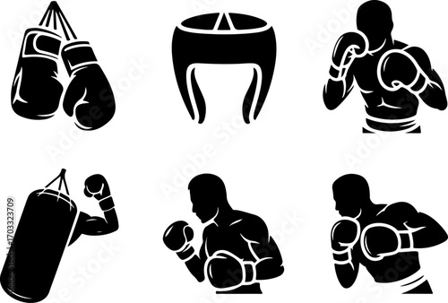 Boxing Equipment and Fighter Silhouette Vector Set