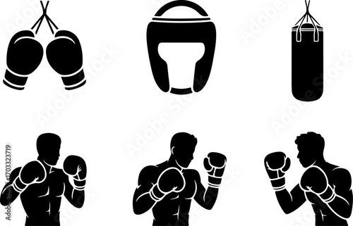 Boxing Equipment and Fighter Silhouette Vector Set