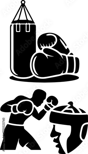 Boxing Equipment and Fighter Silhouette Vector Set