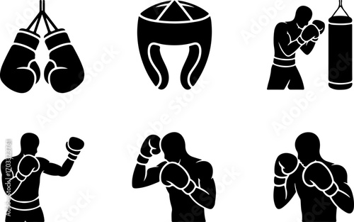 Boxing Equipment and Fighter Silhouette Vector Set