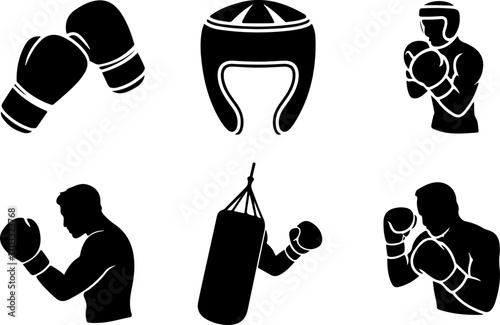 Boxing Equipment and Fighter Silhouette Vector Set