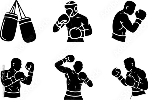Boxing Equipment and Fighter Silhouette Vector Set