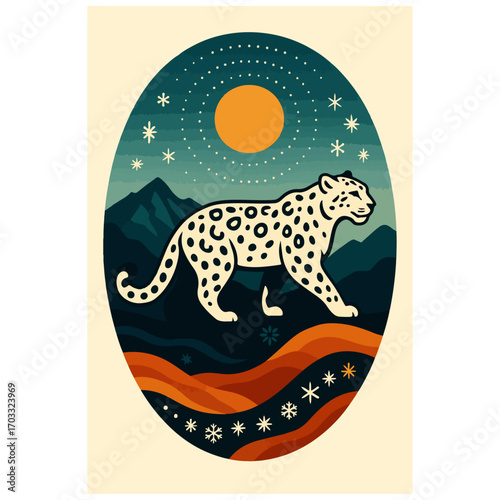 Snow Leopard — Flat Solid Oval Poster, Mountain Night
