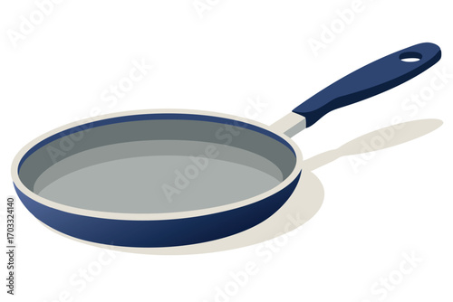 Blue rimmed nonstick pan with a grey interior and handle isolated on white