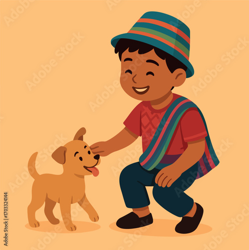Indigenous Boy Playing with a Stray Dog