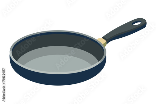Angled view of empty dark blue skillet with black handle shown against white