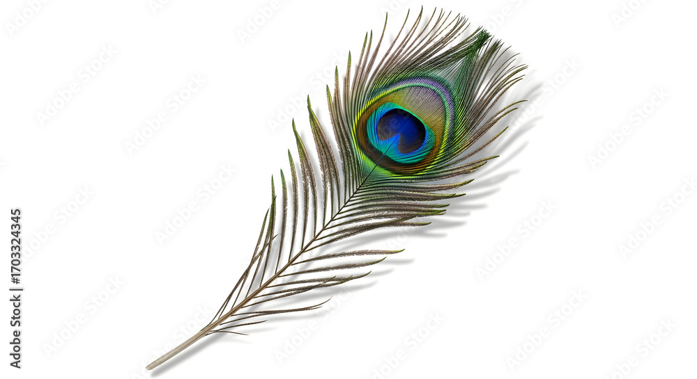 Obraz premium Exotic Peacock Feather Detailed Eye Spot and Plumage on White Background