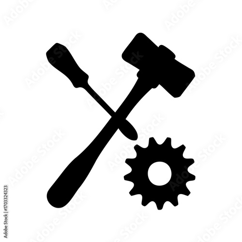 Black silhouette of a hammer, screwdriver, and gear, depicting repair process