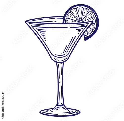 Hand drawn illustration of a martini glass with lemon slice against a white background