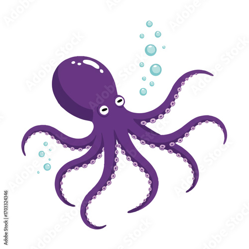A vibrant 2D flat vector illustration captures a whimsical purple octopus with long tentacles playfully interacting with shimmering air bubbles rising from the ocean.