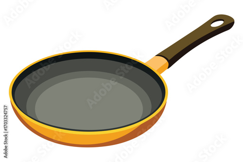 Isometric frying pan shows a gray interior surface and brown handle design
