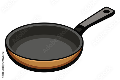Gray frying pan with a long handle and a brown rim rests on white