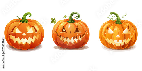 Collection of three hand-drawn Jack-o'-lanterns with spooky carved smiling faces for the Halloween holiday celebration