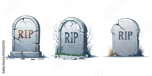 A detailed illustrated collection of three old, cracked cartoon gravestones with RIP inscriptions, isolated on a white background for a spooky design