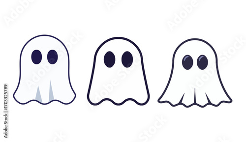 A charming collection of three minimalist cartoon ghost mascots. Simple, flat vector illustration set for Halloween design, icons, and spooky fun
