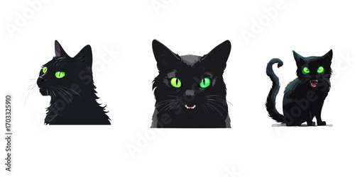 Expressive black cat character illustrations with glowing green eyes. A set of three spooky and cute feline poses isolated on a white background