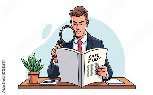 Professional Man Analyzing Case Study With Magnifying Glass