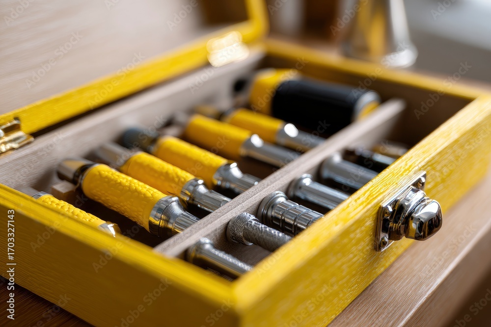 Naklejka premium An open yellow wooden box reveals a collection of screwdrivers with textured yellow and silver handles neatly organized
