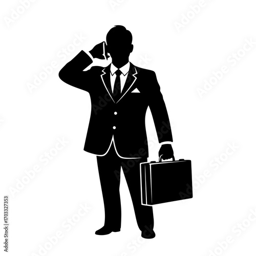 Silhouette of a businessman talking on the phone and holding a briefcase