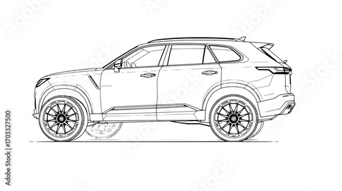 Minimalist technical drawing of a large SUV with sleek distinct rims, a notably raised chassis, and defined body contours, rendered in precise black line art without shading, viewed from a three-quart