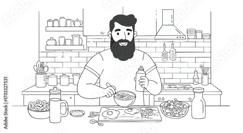 Vector line art illustration of a bearded man cooking a healthy meal in a modern home kitchen. A culinary character preparing breakfast