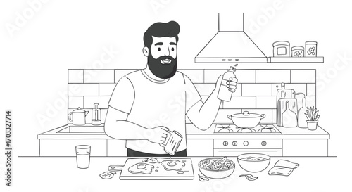 Bearded man cooking a delicious homemade breakfast in a modern kitchen, a black and white line art vector illustration of a daily lifestyle