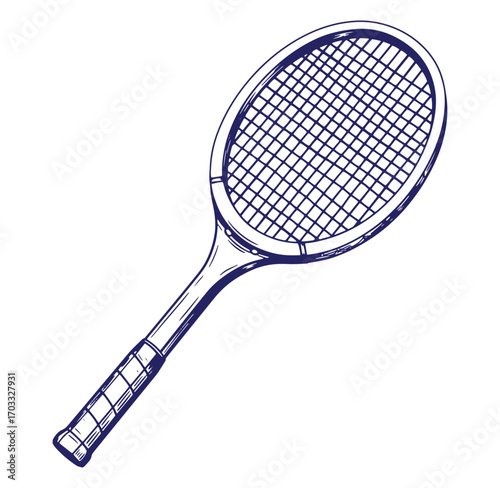 Hand drawn tennis racket illustration in navy blue on a white background isolated