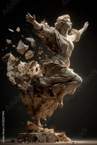 Dramatic marble statue exploding into fragments