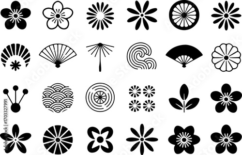 "Japanese Mon Symbols Set – Floral and Wave Vector Icons"