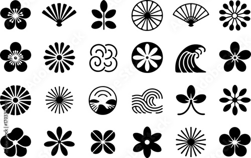 "Japanese Mon Symbols Set – Floral and Wave Vector Icons"