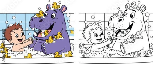 Happy Boy and Giant Hippo Bathing Together with Rubber Ducks and Bubbles