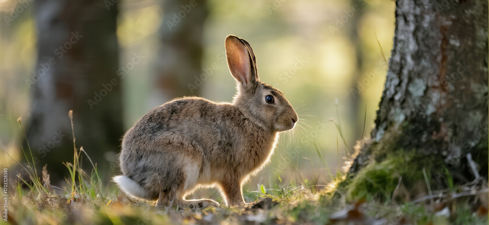 Fototapeta premium Wild Hare in the Forest Rabbit Among Trees Nature Wildlife Scene with Hare