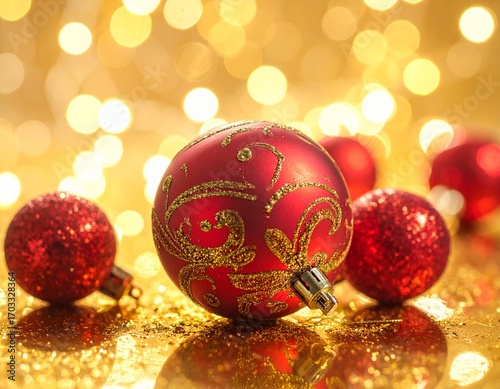 Close-up of a red Christmas ornament with golden glitter patterns.

