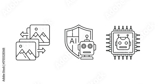 Vector illustration of three line art icons representing ai concepts image transfer, ai security shield, and a cpu chip with a robot face
