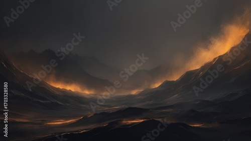 Dramatic sunset over a rugged mountain landscape with swirling clouds and glowing horizons