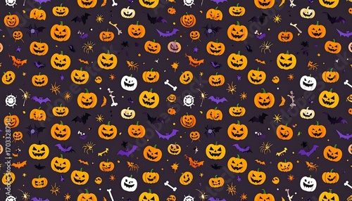Halloween pattern with pumpkins, bats, and spooky elements