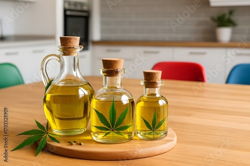 Wallpaper Mural Cannabis Oil Bottles on Wooden Tray – Natural Wellness Product in Modern Kitchen Torontodigital.ca