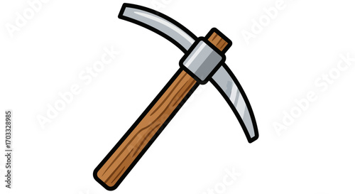 Illustration of a wooden handled pickaxe with a silver metal head, isolated on a white background.
