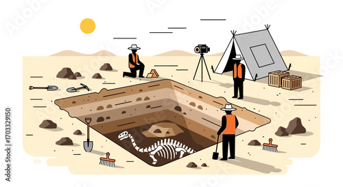Illustration of an archaeological dig site with workers excavating a dinosaur skeleton in a layered pit under a sunny sky.