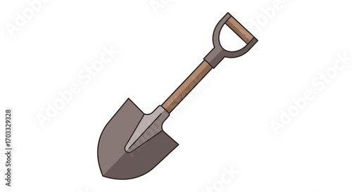 Simple, flat illustration of a shovel, showing the handle and blade.