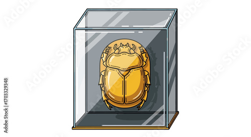 A golden scarab beetle artifact displayed within a clear, glass-encased museum exhibit.