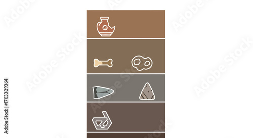 Archaeological layers illustration showing pottery, bones, spearhead, and other artifacts in different soil strata.